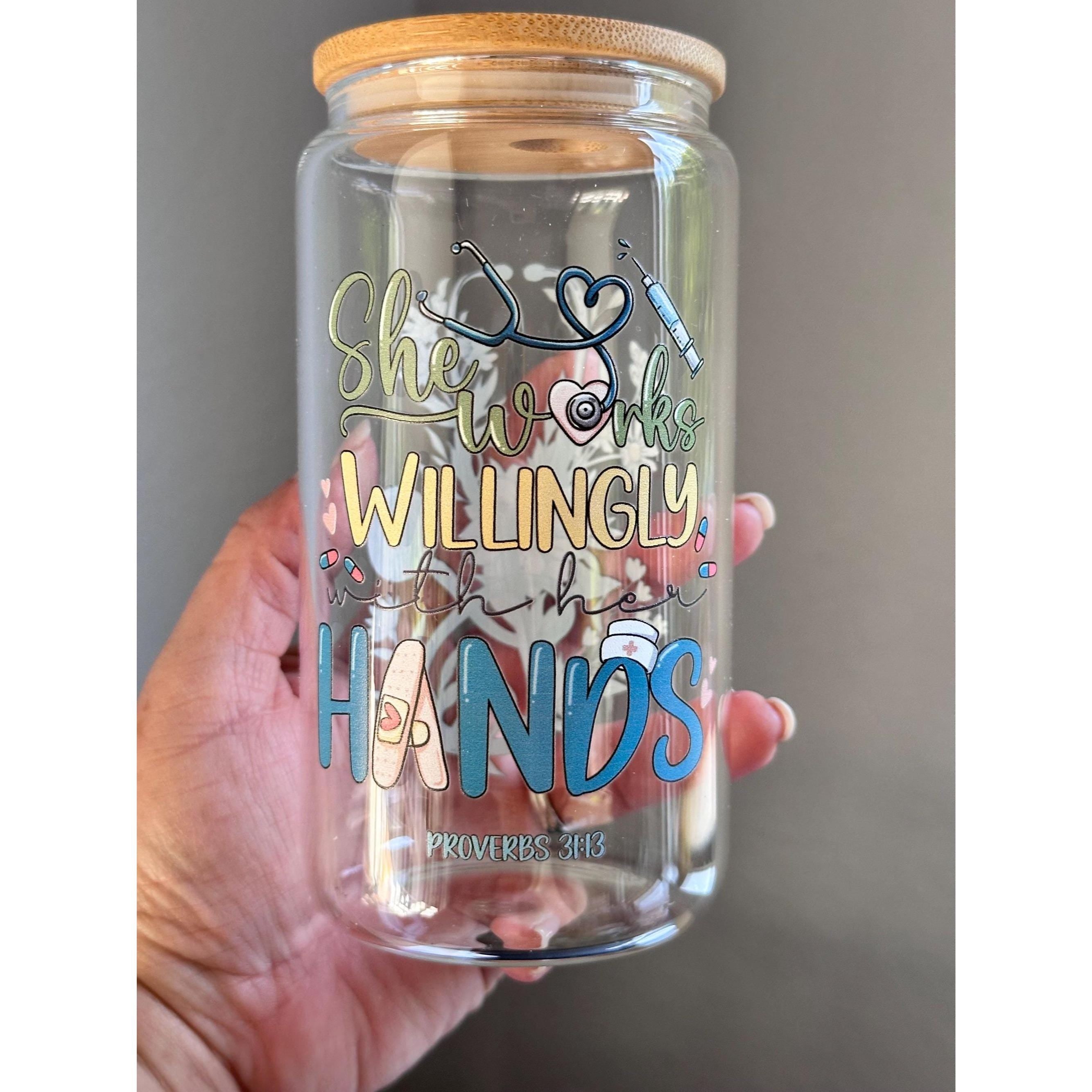16oz glass cup with lid & straw – “She works willingly with her hands”. Ship fast!
