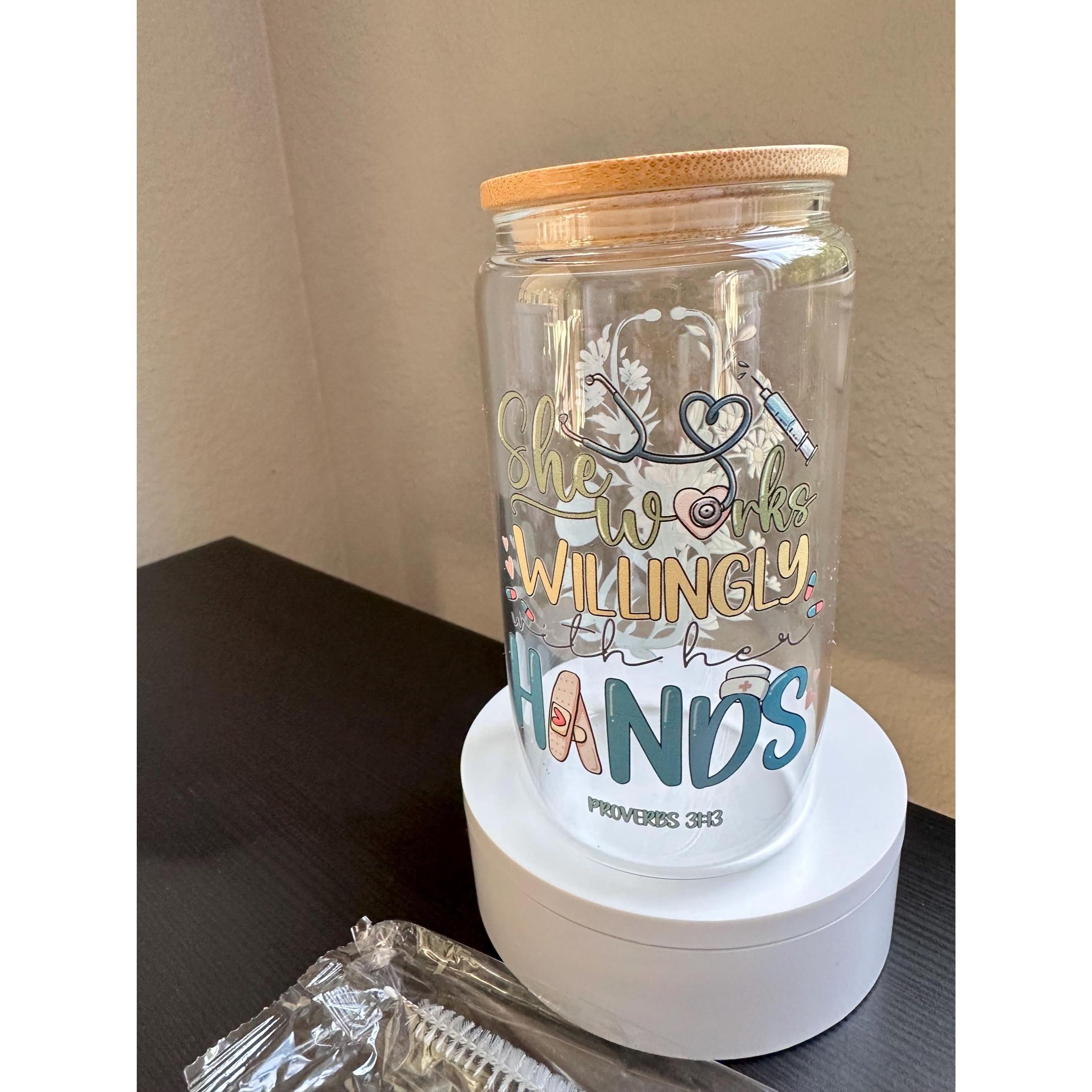 16oz glass cup with lid & straw – “She works willingly with her hands”. Ship fast!