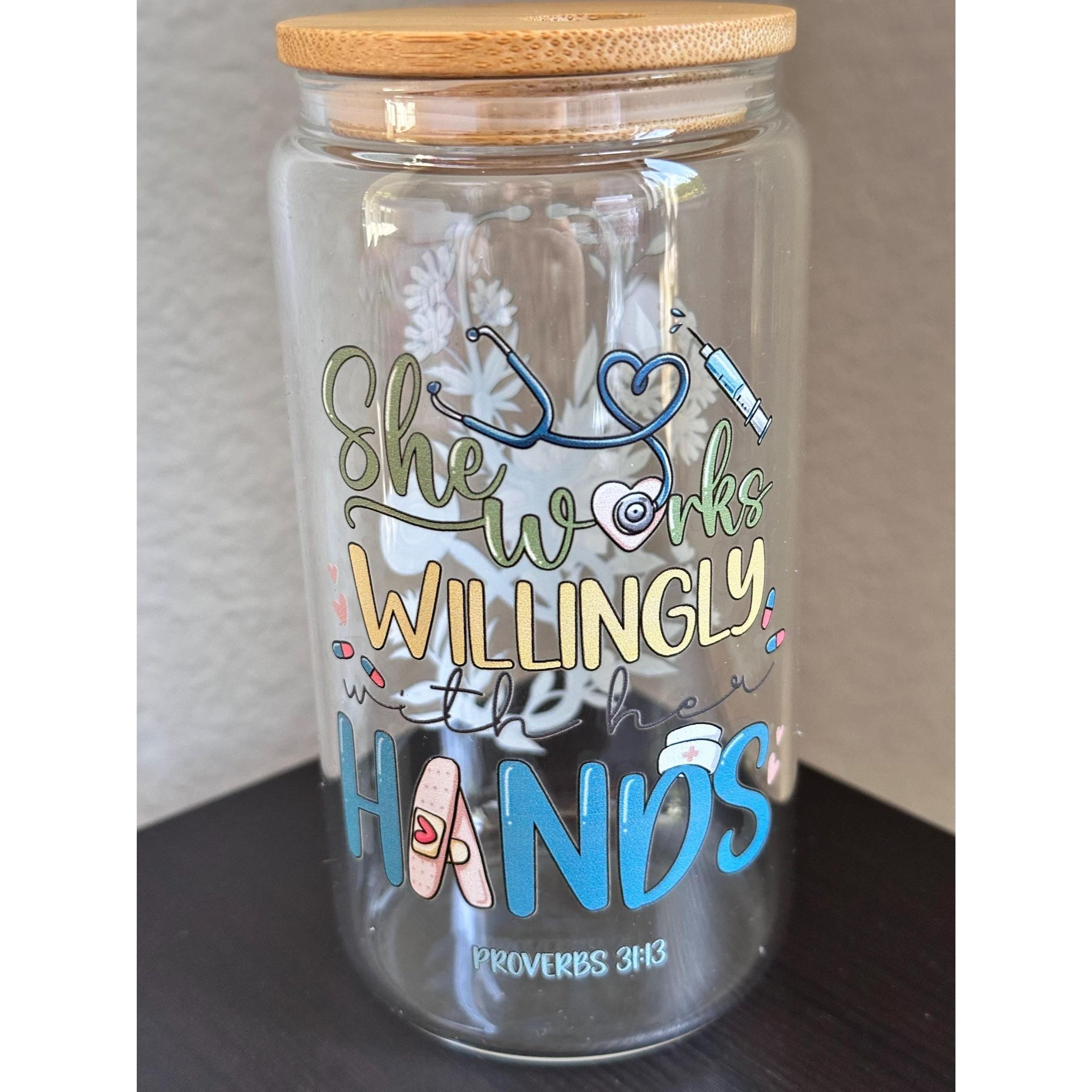 16oz glass cup with lid & straw – “She works willingly with her hands”. Ship fast!